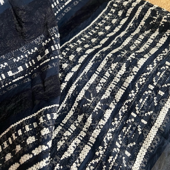 Navy Blue Sleeveless Smocked Jacquard Fit & Flare Dress Ribbed Embroidered - Picture 4 of 9